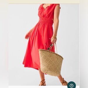 Faherty Amalfi Organic Cotton Red Smocked Midi Dress Boho Coastal Cottagecore M